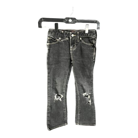 Old Navy Girls Black Boot Cut Denim Jeans Size 6 Adjustable Waist Distressed - Picture 1 of 12